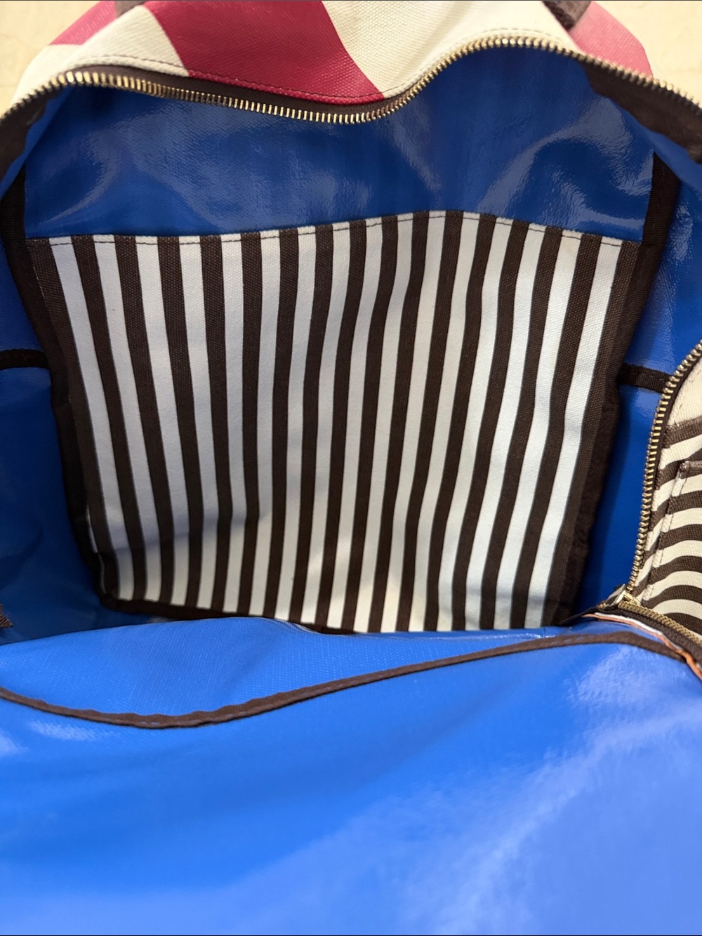 Henri Bendel Striped Canvas Backpack with Red & White Accent - Picture 2 of 2